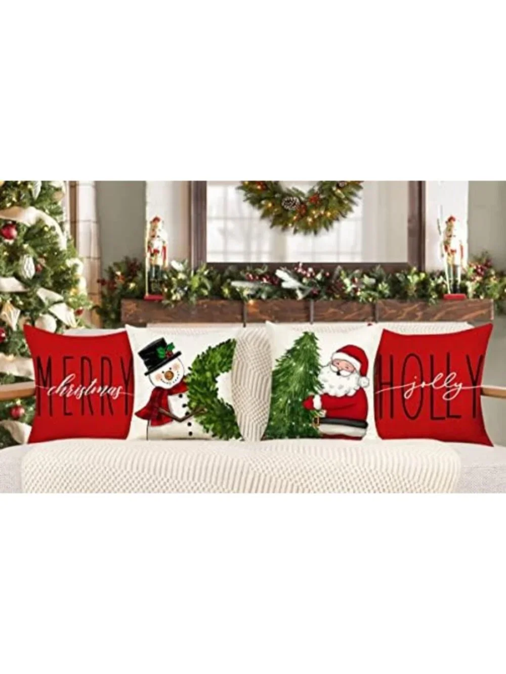 Festive Red Christmas Pillow Covers 18x18 Set of 4 - Winter Holiday Decor